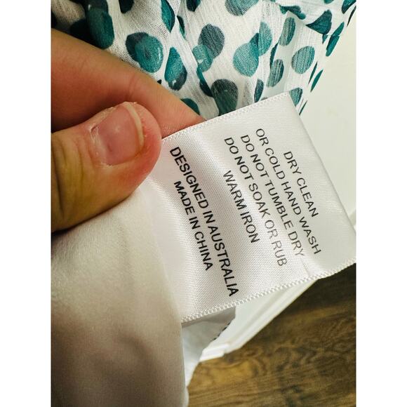 ELLE ZEITOUNE Blue Polka Dot Satin Halter Neckline Tie Waist Grace Gown Size L - Picture 14 of 16